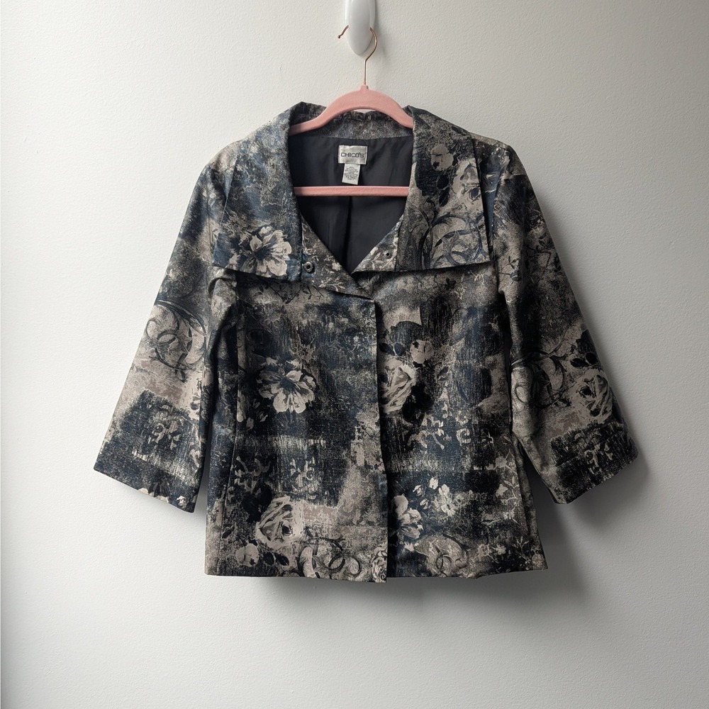 Vtg Y2K Chico's Jacket Gray Black Waxed Coated Floral Portrait Collar Sz 1 (M)